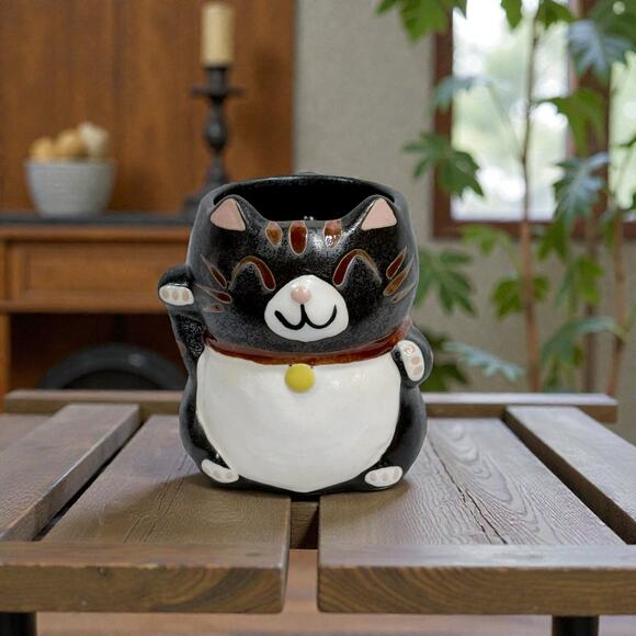 Mino Ware Other - Mino Ware Japanese Lucky Cat Pottery Mug Cup Manekineko Black Matte Finish